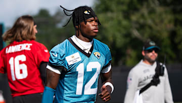 Jacksonville Jaguars wide receiver Travis Hunter (12) jogs to his first drill during the Jacksonville Jaguars’ third mandatory minicamp Thursday June 12, 2025 at the Miller Electric Center in Jacksonville, Fla. [Doug Engle/Florida Times-Union]