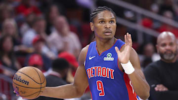 Oct 24, 2025; Houston, Texas, USA; Detroit Pistons guard Ausar Thompson (9) dribbles the ball during the third quarter against the Houston Rockets at Toyota Center. Mandatory Credit: Troy Taormina-Imagn Images
