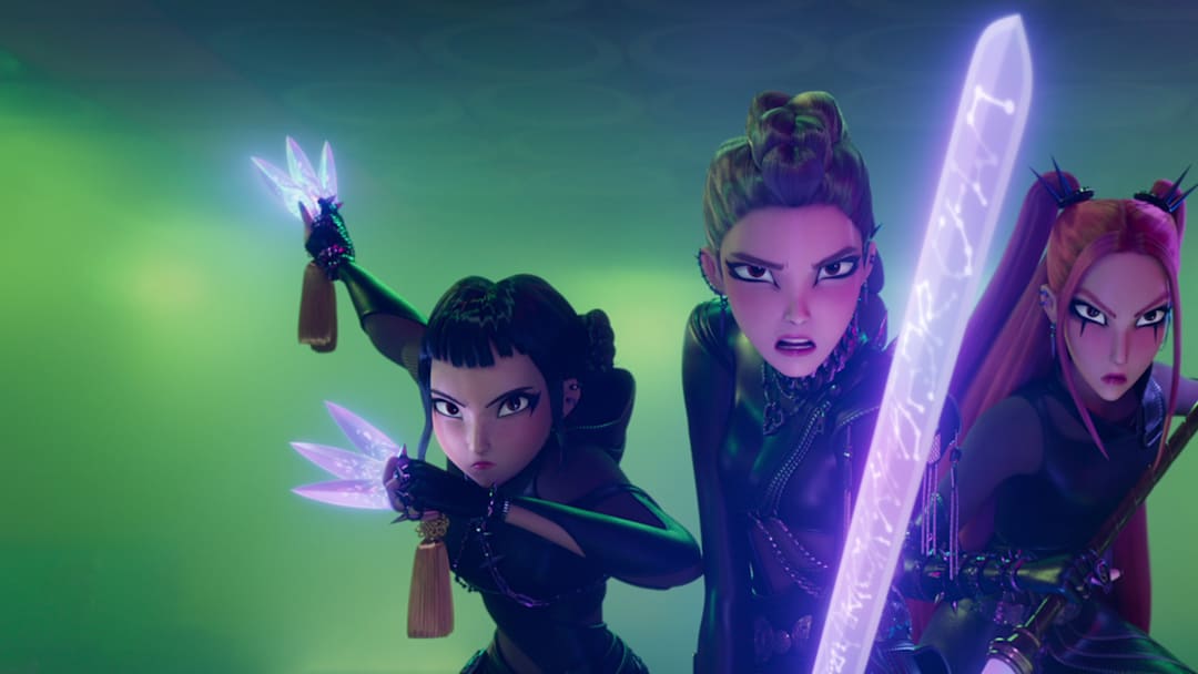 (L-R) Zoey (voice by JI-YOUNG YOO), Rumi (voice by ARDEN CHO) and Mira (voice by MAY HONG) in KPop Demon Hunters