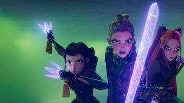 (L-R) Zoey (voice by JI-YOUNG YOO), Rumi (voice by ARDEN CHO) and Mira (voice by MAY HONG) in KPop Demon Hunters