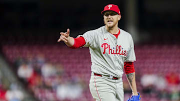 Apr 22, 2024; Cincinnati, Ohio, USA; Philadelphia Phillies relief pitcher Jeff Hoffman (23) reacts after the victory over the Cincinnati Reds at Great American Ball Park. Mandatory Credit: Katie Stratman-Imagn Images