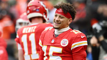 Dec 15, 2024; Cleveland, Ohio, USA; Kansas City Chiefs quarterback Patrick Mahomes (15) warms up before the game between the Cleveland Browns and the Chiefs at Huntington Bank Field. Mandatory Credit: Ken Blaze-Imagn Images