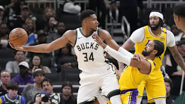 Oct 10, 2024; Milwaukee, Wisconsin, USA; Milwaukee Bucks forward Giannis Antetokounmpo (34) controls the ball as Los Angeles Lakers forward Rui Hachimura (28) defends in the first half at Fiserv Forum. Mandatory Credit: Michael McLoone-Imagn Images