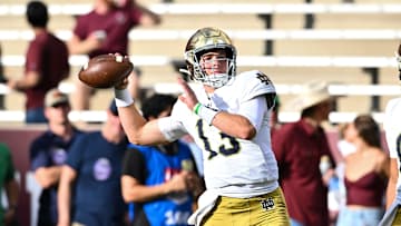 Aug 31, 2024; College Station, Texas, USA; Notre Dame Fighting Irish quarterback Riley Leonard (13) warms up prior to the game against the Texas A&M Aggies at Kyle Field. Mandatory Credit: Maria Lysaker-Imagn Images