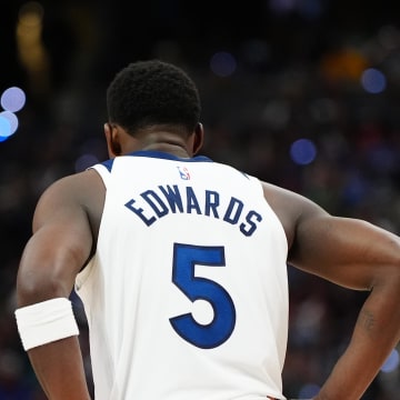 May 4, 2024; Denver, Colorado, USA; Minnesota Timberwolves guard Anthony Edwards (5) during the