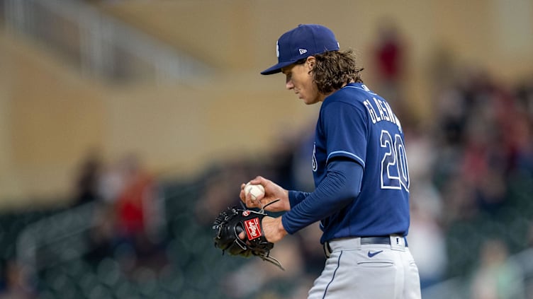 Sep 11, 2023; Minneapolis, Minnesota, USA; Tampa Bay Rays starting pitcher Tyler Glasnow (20) looks