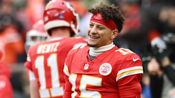Dec 15, 2024; Cleveland, Ohio, USA; Kansas City Chiefs quarterback Patrick Mahomes (15) warms up before the game between the Cleveland Browns and the Chiefs at Huntington Bank Field. Mandatory Credit: Ken Blaze-Imagn Images