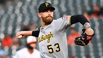 Sep 9, 2025; Baltimore, Maryland, USA;  Pittsburgh Pirates pitcher Mike Burrows (53) delivers a pitch during the first inning against the Baltimore Orioles at Oriole Park at Camden Yards. Mandatory Credit: James A. Pittman-Imagn Images
