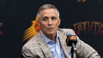 Jun 10, 2025; Scottsdale, AZ, USA; Phoenix Suns general manager Brian Gregory during an introductory press conference at the Verizon 5g Performance Center. Mandatory Credit: Mark J. Rebilas-Imagn Images