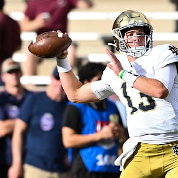 Aug 31, 2024; College Station, Texas, USA; Notre Dame Fighting Irish quarterback Riley Leonard (13) warms up prior to the game against the Texas A&M Aggies at Kyle Field. Mandatory Credit: Maria Lysaker-Imagn Images