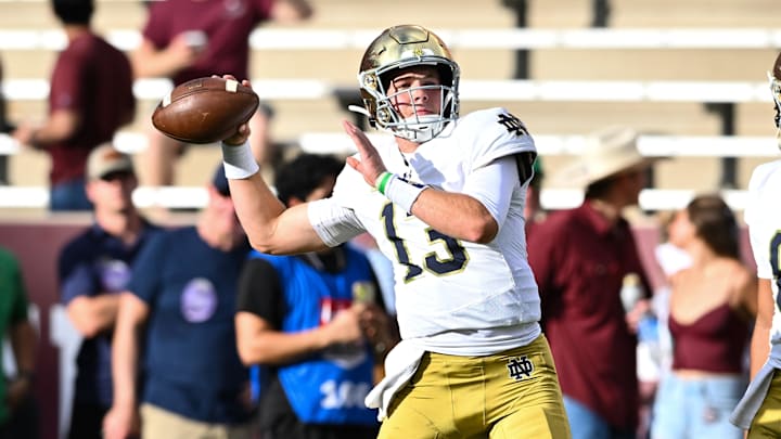 Aug 31, 2024; College Station, Texas, USA; Notre Dame Fighting Irish quarterback Riley Leonard (13) warms up prior to the game against the Texas A&M Aggies at Kyle Field. Mandatory Credit: Maria Lysaker-Imagn Images