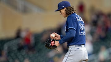 Sep 11, 2023; Minneapolis, Minnesota, USA; Tampa Bay Rays starting pitcher Tyler Glasnow (20) looks