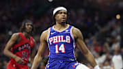 Mar 30, 2025; Philadelphia, Pennsylvania, USA; Philadelphia 76ers guard Ricky Council IV (14) reacts after dunking the ball against the Toronto Raptors during the second quarter at Wells Fargo Center. Mandatory Credit: Bill Streicher-Imagn Images