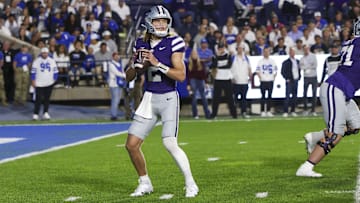 Sep 21, 2024; Provo, Utah, USA; Kansas State Wildcats quarterback Avery Johnson (2) drops back to pass against the Brigham Young Cougars during the first quarter at LaVell Edwards Stadium. Mandatory Credit: Rob Gray-Imagn Images