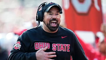 Ohio State Buckeyes head coach Ryan Day yells during the NCAA football game against the Rutgers Scarlet Knights at Ohio Stadium in Columbus on Nov. 22, 2025. Ohio State won 42-9.