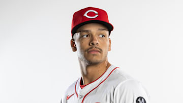 Feb 18, 2025; Goodyear, AZ, USA; Cincinnati Reds pitcher Chase Burns poses for a portrait during Media Day at the Cincinnati Reds Development Complex. Mandatory Credit: Mark J. Rebilas-Imagn Images