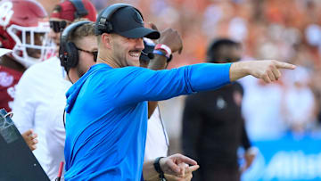 Oklahoma's Zac Alley shouts during the Red River Rivalry college football game between the University of Oklahoma Sooners (OU) and the Texas Longhorns at the Cotton Bowl in Dallas, Saturday, Oct. 12, 2024. Texas one 34-3.