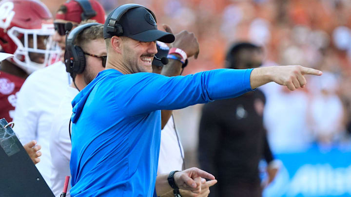 Oklahoma's Zac Alley shouts during the Red River Rivalry college football game between the University of Oklahoma Sooners (OU) and the Texas Longhorns at the Cotton Bowl in Dallas, Saturday, Oct. 12, 2024. Texas one 34-3.