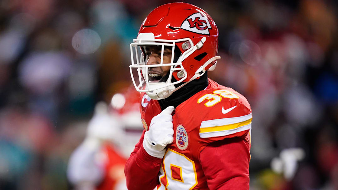 Jan 13, 2024; Kansas City, Missouri, USA; Kansas City Chiefs cornerback L'Jarius Sneed (38) reacts against the Miami Dolphins during the first half of the 2024 AFC wild card game at GEHA Field at Arrowhead Stadium.