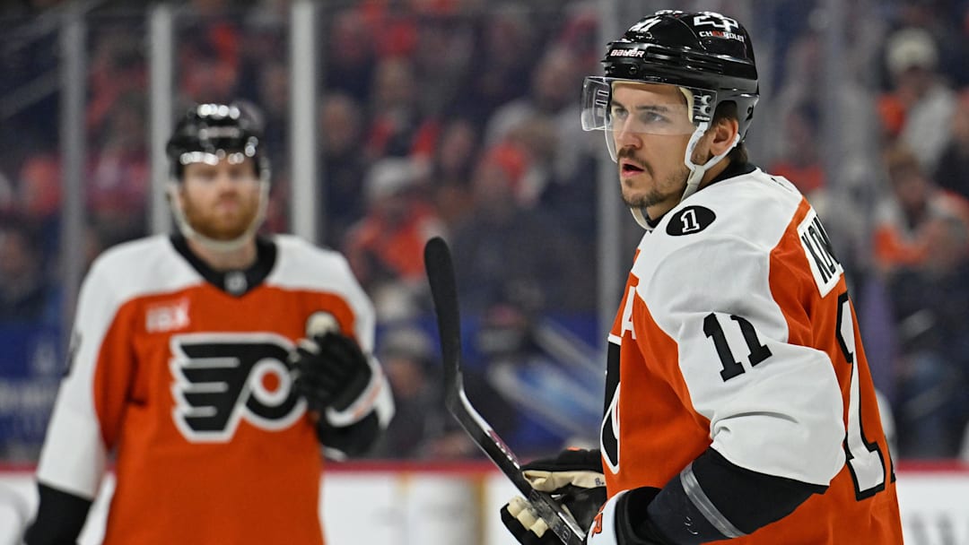 Feb 5, 2026; Philadelphia, Pennsylvania, USA; Philadelphia Flyers right wing Travis Konecny (11) against the Ottawa Senators during the first period at Xfinity Mobile Arena.
