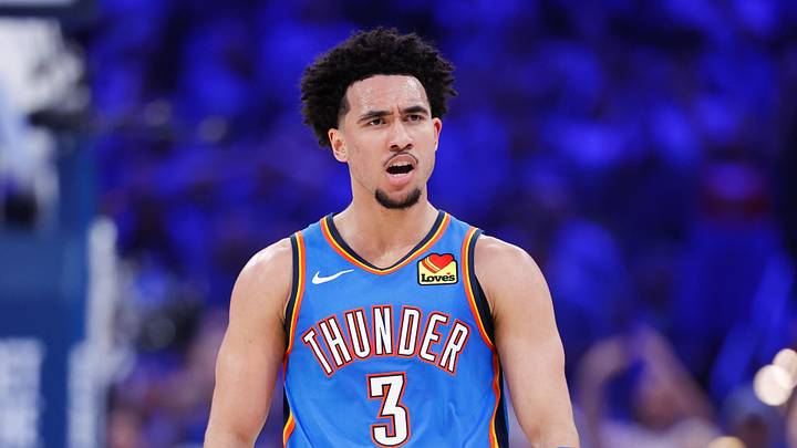 May 18, 2026; Oklahoma City, Oklahoma, USA; Oklahoma City Thunder guard Jared McCain (3) reacts in the second quarter against the San Antonio Spurs during game one of the western conference finals for the 2026 NBA playoffs at Paycom Center. Mandatory Credit: Alonzo Adams-Imagn Images