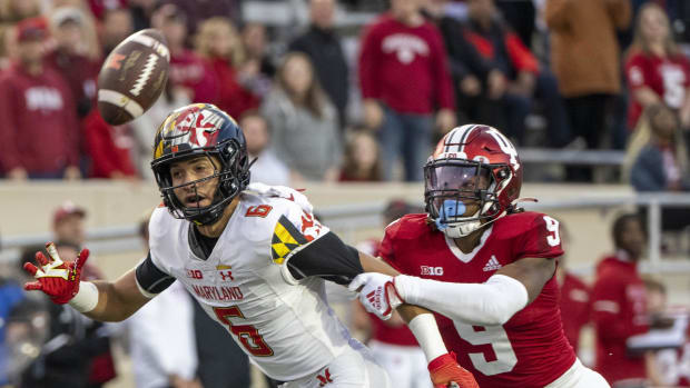 Maryland wide receiver Jeshaun Jones misses a pass under coverage from Indiana Hoosiers defensive back Brylan Lanier.