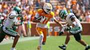 Sep 20, 2025; Knoxville, Tennessee, USA;  Tennessee Volunteers wide receiver Chris Brazzell II (17) runs the ball against the UAB Blazers during the second half at Neyland Stadium. Mandatory Credit: Randy Sartin-Imagn Images