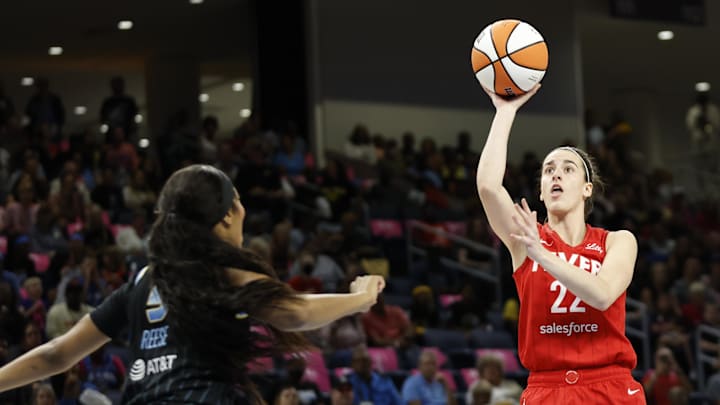 Chicago Sky forward Angel Reese guards Indiana Fever guard Caitlin Clark.