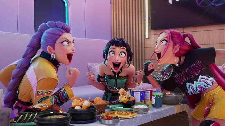 (L-R) Rumi (voice by ARDEN CHO), Zoey (voice by JI-YOUNG YOO) and Mira (voice by MAY HONG) in KPop Demon Hunters