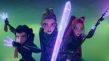 (L-R) Zoey (voice by JI-YOUNG YOO), Rumi (voice by ARDEN CHO), and Mira (voice by MAY HONG) in KPop Demon Hunters