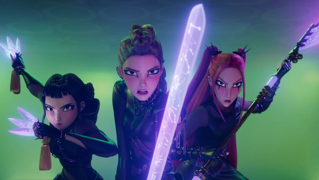 (L-R) Zoey (voice by JI-YOUNG YOO), Rumi (voice by ARDEN CHO) and Mira (voice by MAY HONG) in KPop Demon Hunters