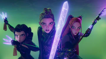 (L-R) Zoey (voice by JI-YOUNG YOO), Rumi (voice by ARDEN CHO) and Mira (voice by MAY HONG) in KPop Demon Hunters