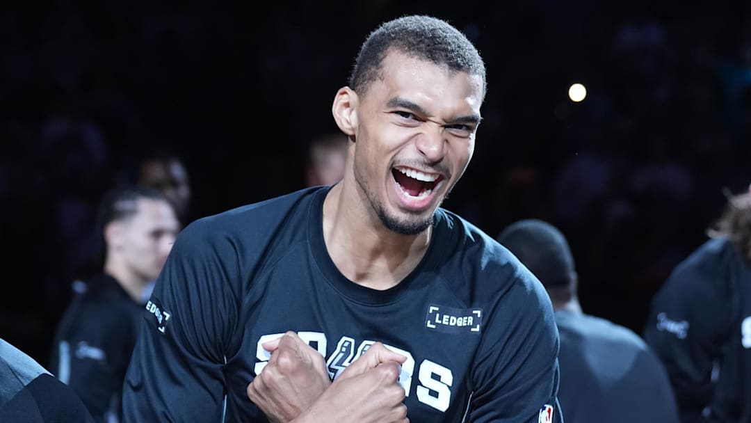 Mar 30, 2026; San Antonio, Texas, USA;  San Antonio Spurs forward Victor Wembanyama (1) is introduced before the game against then Chicago Bulls at Frost Bank Center. Mandatory Credit: Daniel Dunn-Imagn Images