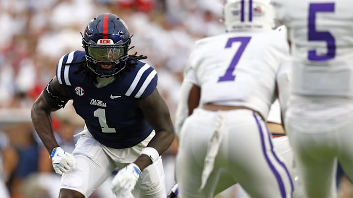 Aug 31, 2024; Oxford, Mississippi, USA; Mississippi Rebels defensive linemen Princely Umanmielen (1) rushes the Furman Paladins quarterback during the first half at Vaught-Hemingway Stadium. Mandatory Credit: Petre Thomas-Imagn Images