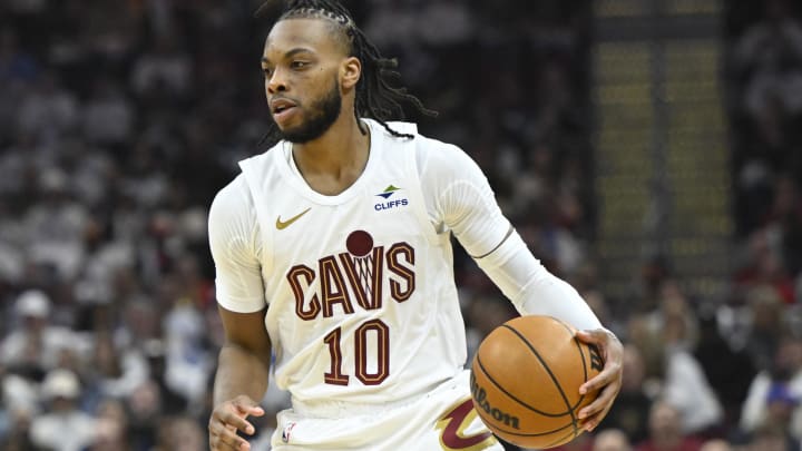 Apr 20, 2024; Cleveland, Ohio, USA; Cleveland Cavaliers guard Darius Garland (10) brings the ball up court in the second quarter against the Orlando Magic during game one of the first round for the 2024 NBA playoffs at Rocket Mortgage FieldHouse.