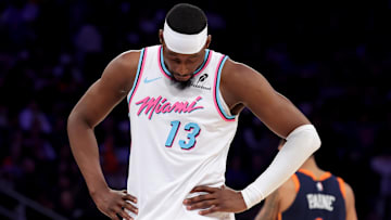 Mar 17, 2025; New York, New York, USA; Miami Heat center Bam Adebayo (13) reacts during the fourth quarter against the New York Knicks at Madison Square Garden. Mandatory Credit: Brad Penner-Imagn Images