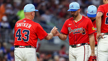 Jul 4, 2025; Atlanta, Georgia, USA; Atlanta Braves manager Brian Snitker (43) removes starting pitcher Spencer Strider (99) from a game against the Baltimore Orioles in the seventh inning at Truist Park. Mandatory Credit: Brett Davis-Imagn Images
