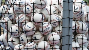 Apr 16, 2024; Miami, Florida, USA;  A bucket of baseballs sits on the field prior to the game between the San Francisco Giants against the Miami Marlins at loanDepot Park. Mandatory Credit: Rhona Wise-USA TODAY Sports