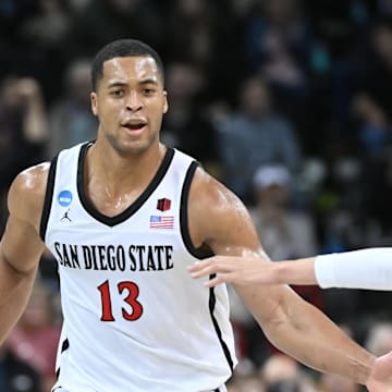 Mar 24, 2024; Spokane, WA, USA; San Diego State Aztecs forward Jaedon LeDee (13) celebrate in the first half against the Yale Bulldogs at Spokane Veterans Memorial Arena. Mandatory Credit: James Snook-Imagn Images