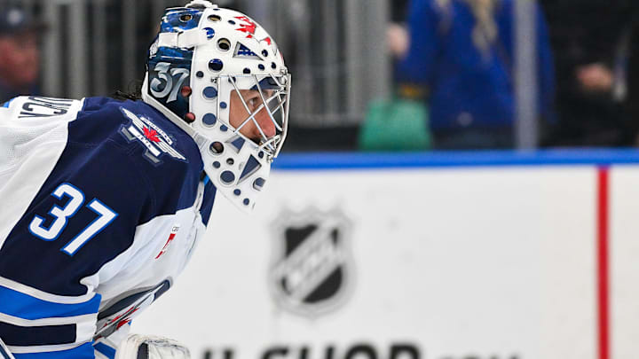 Apr 9, 2026; St. Louis, Missouri, USA; Winnipeg Jets goaltender Connor Hellebuyck (37) looks on during the second period against the St. Louis Blues at Enterprise Center. Mandatory Credit: Jeff Curry-Imagn Images