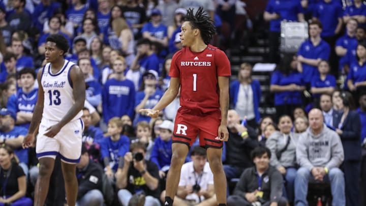 Dec 9, 2023; Newark, New Jersey, USA; Rutgers Scarlet Knights guard Jamichael Davis (1) celebrates
