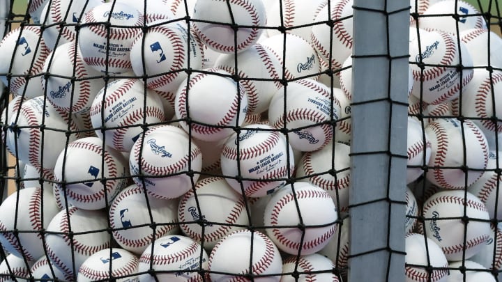 Apr 16, 2024; Miami, Florida, USA;  A bucket of baseballs sits on the field prior to the game between the San Francisco Giants against the Miami Marlins at loanDepot Park. Mandatory Credit: Rhona Wise-USA TODAY Sports