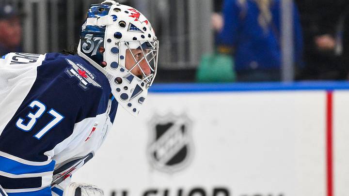 Winnipeg Jets goaltender Connor Hellebuyck (37) looks on during the second period against the St. Louis Blues at Enterprise Center. Mandatory Credit: Jeff Curry-Imagn Images