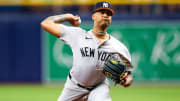 May 12, 2024; St. Petersburg, Florida, USA;  New York Yankees pitcher Luis Gil (81) throws a pitch