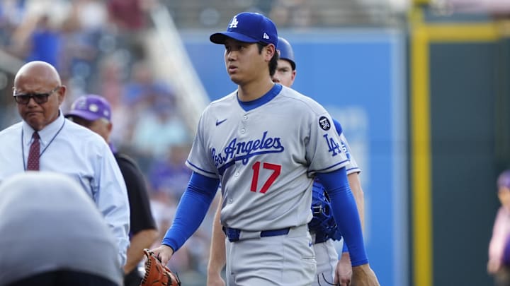 Aug 20, 2025; Denver, Colorado, USA; Los Angeles Dodgers two-way player Shohei Ohtani (17) before the game against the Colorado Rockies at Coors Field. Mandatory Credit: Ron Chenoy-Imagn Images