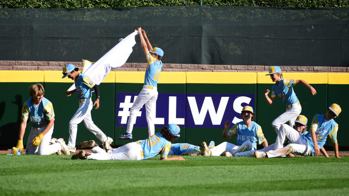 Aug 27, 2023; Williamsport, PA, USA; West Region players celebrate after beating the Caribbean Region 6-5 at Lamade Stadium. Mandatory Credit: Evan Habeeb-USA TODAY Sports