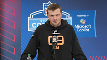 Feb 28, 2025; Indianapolis, IN, USA; Syracuse quarterback Kyle McCord (QB09) talks to the press during the 2025 NFL Combine at Indiana Convention Center. Mandatory Credit: Stephanie Amador Blondet-Imagn Images