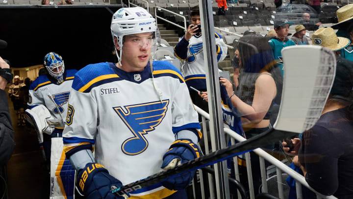 Apr 6, 2024; San Jose, California, USA; St. Louis Blues left wing Jake Neighbours (63) walks to the ice for warmups before the game between the San Jose Sharks and the St. Louis Blues at SAP Center at San Jose. Mandatory Credit: Robert Edwards-USA TODAY Sports