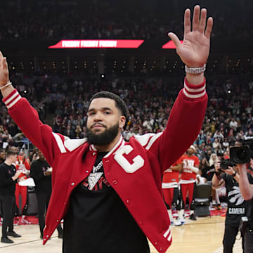 Feb 9, 2024; Toronto, Ontario, CAN; Houston Rockets guard Fred VanVleet (5) is acknowledged during a break in the action against the Toronto Raptors during the first half at Scotiabank Arena. Mandatory Credit: John E. Sokolowski-Imagn Images