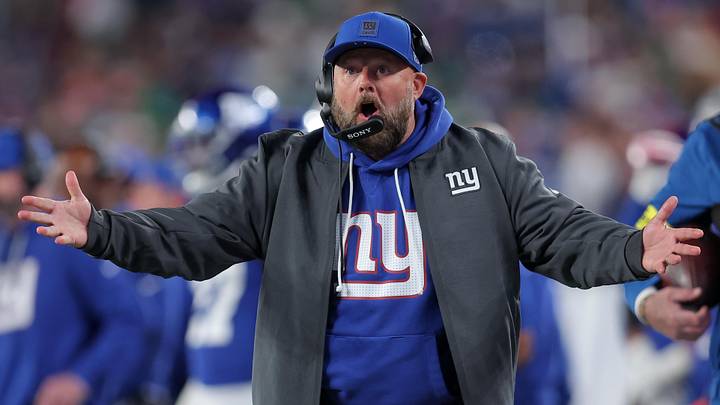 Oct 9, 2025; East Rutherford, New Jersey, USA; New York Giants head coach Brian Daboll reacts during the second quarter of the game against the Philadelphia Eagles at MetLife Stadium. Mandatory Credit: Brad Penner-Imagn Images